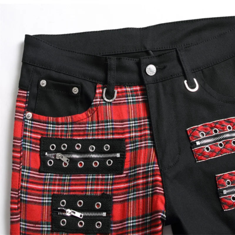 Red Plaid Patchwork Punk Zipper Jeans