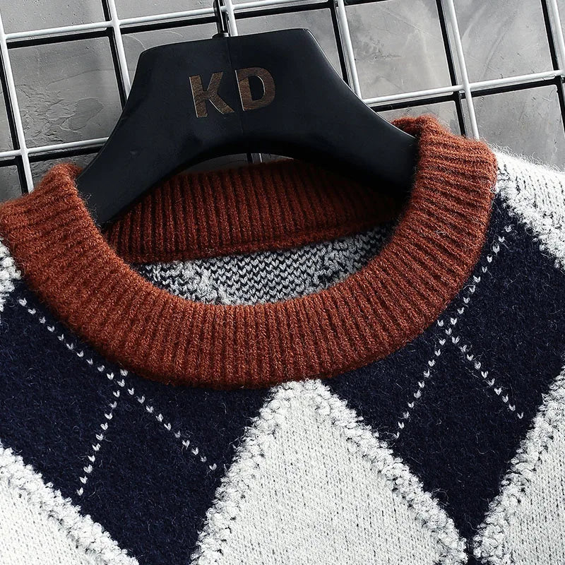 Diamond Plaid Contrast O-Neck Sweater