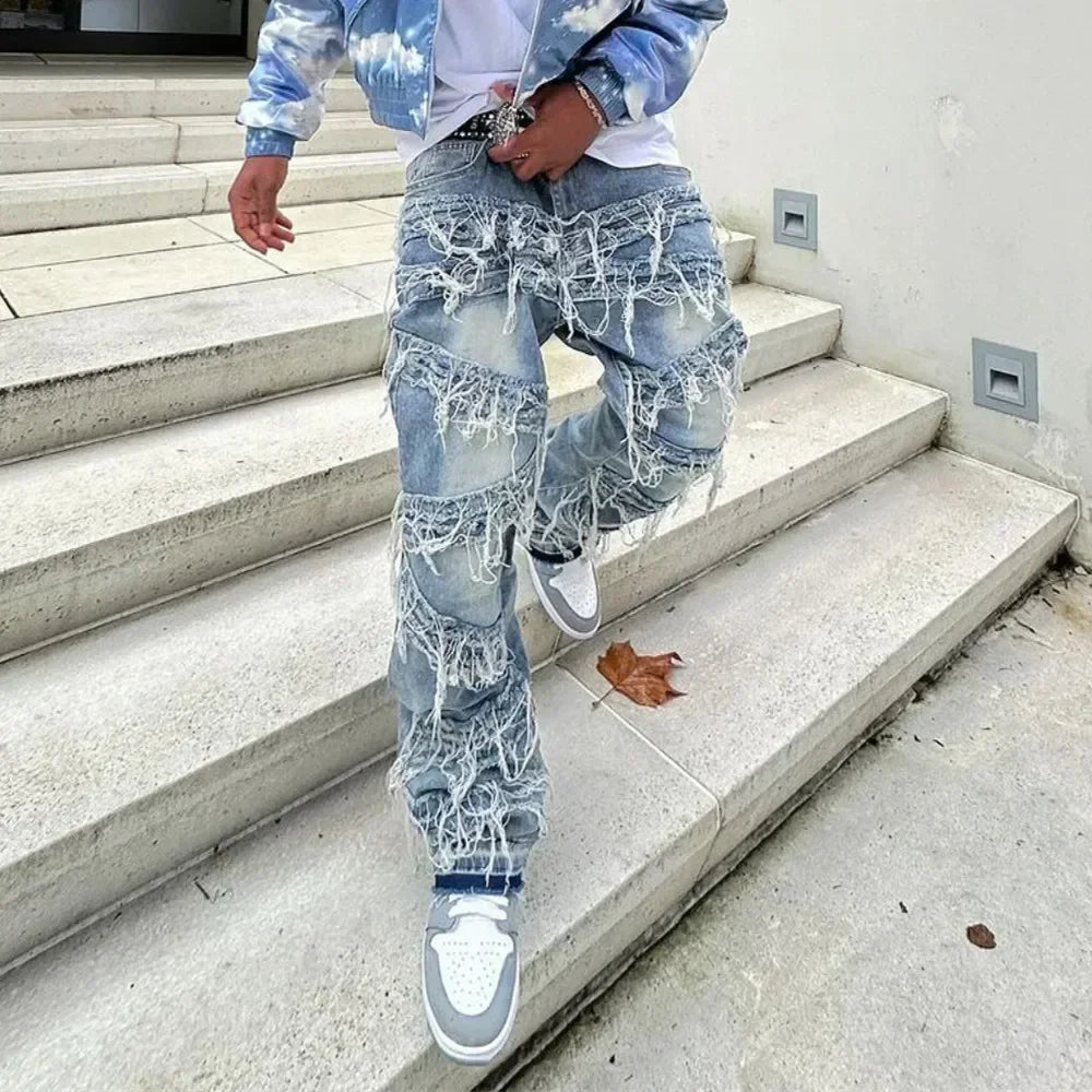 Ripped Spliced Straight Denim Jeans