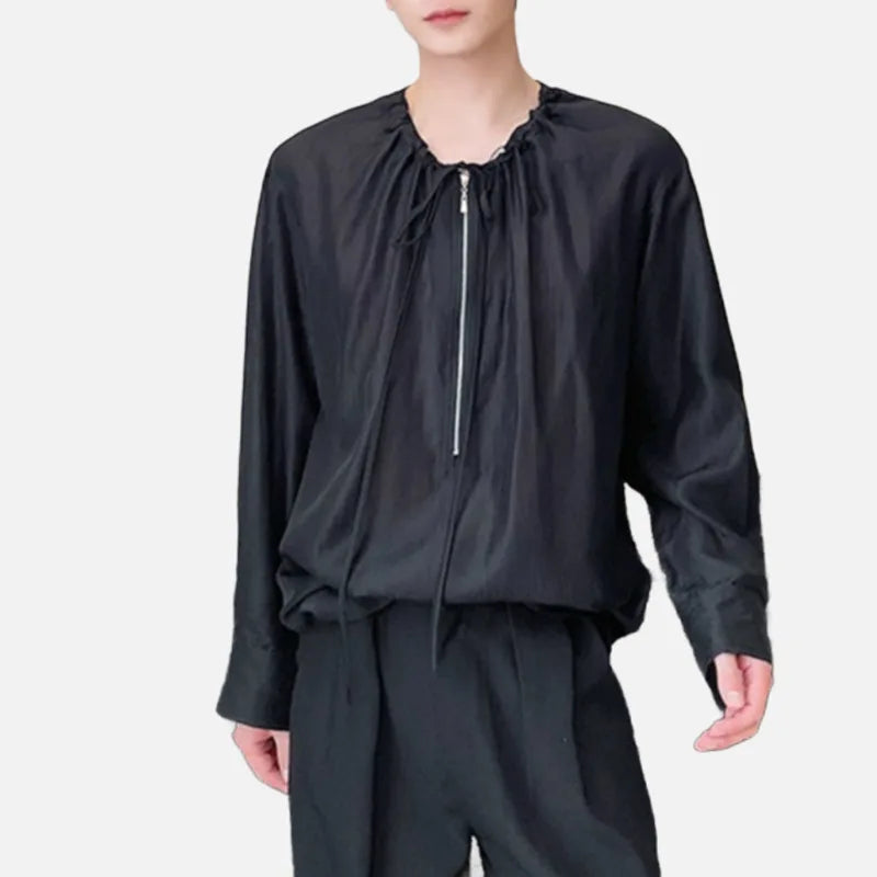 Round Neck Drawstring See-Through Shirt