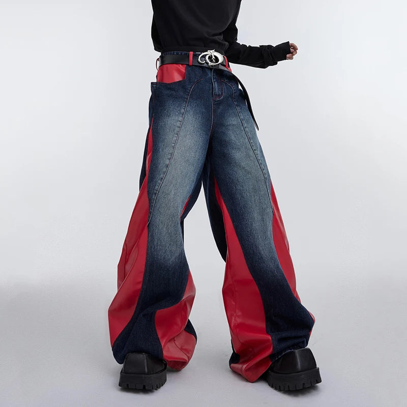 Patchwork PU Leather Denim Wide-Leg Jeans