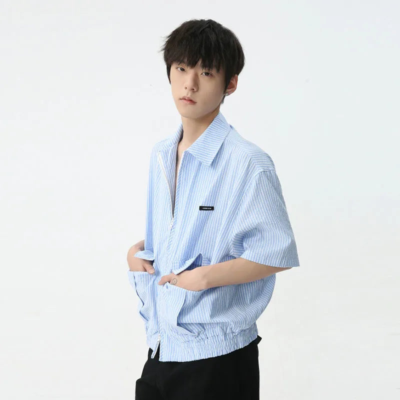 Blue Stripe Double Zippers Shirt