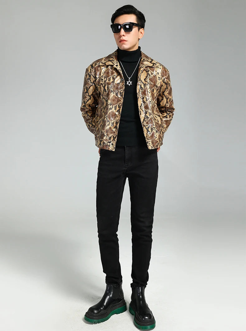Brown Snakeskin Print PU Leather Jacket