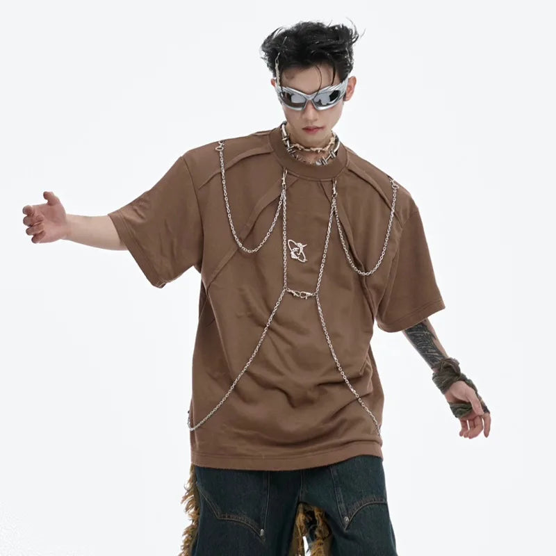 Patchwork Metal Chain O-Neck T-Shirt