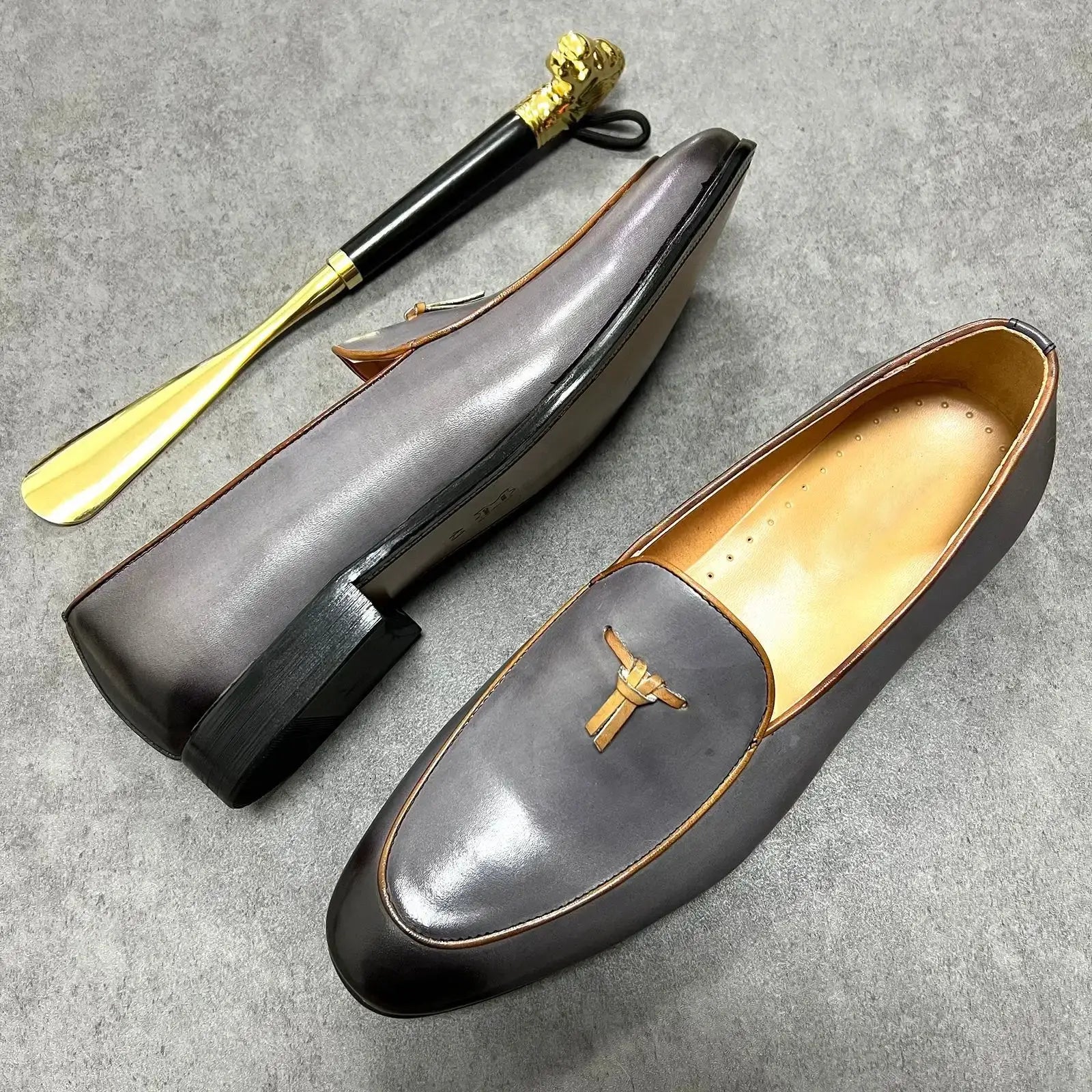 Gray Solid Tassels Genuine Leather Loafers