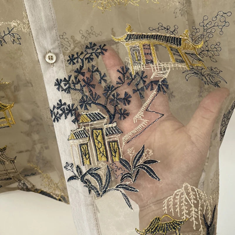 Oriental Embroidery Sheer Organza Shirt