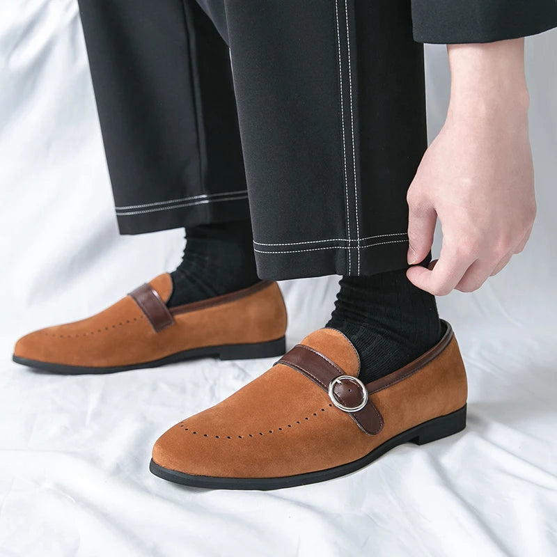 Soft Soled Buckle Frosted Leather Loafers