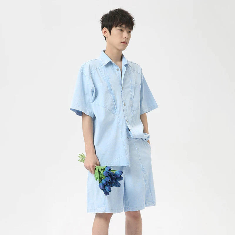 Sky Blue Loose Lapel Collar Shorts Set