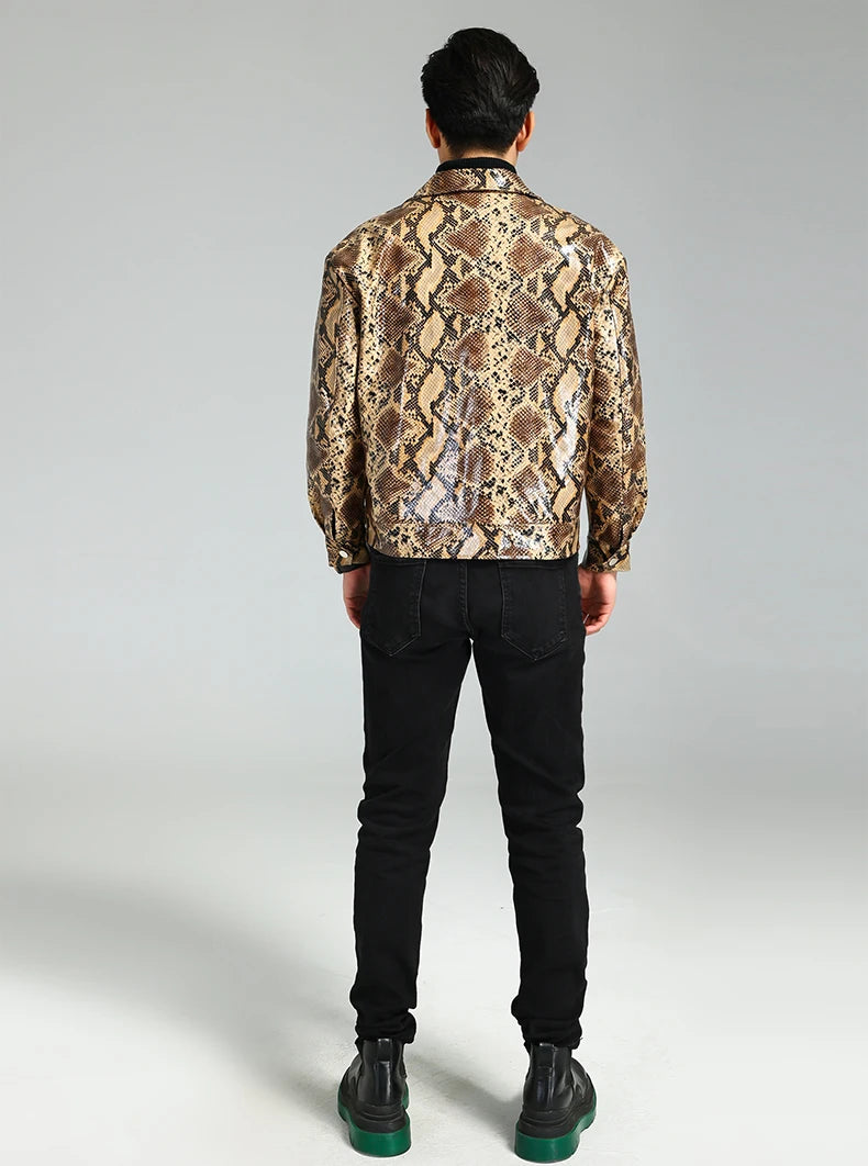 Brown Snakeskin Print PU Leather Jacket