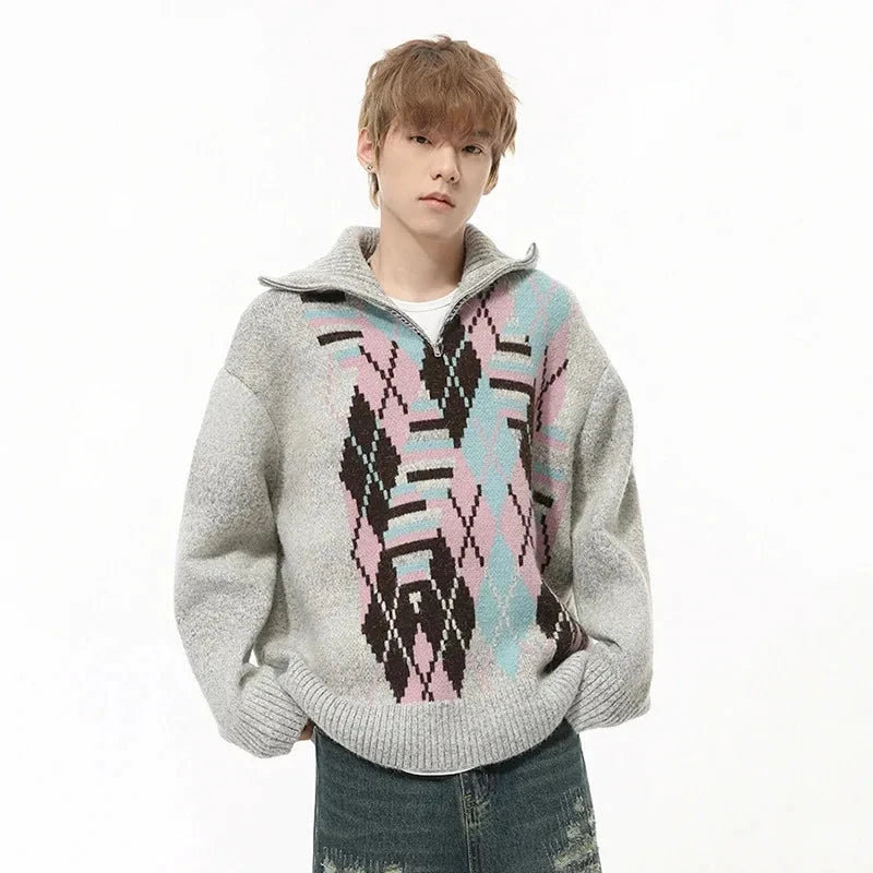 Diamond Plaid Contrast Half-zipper Sweater