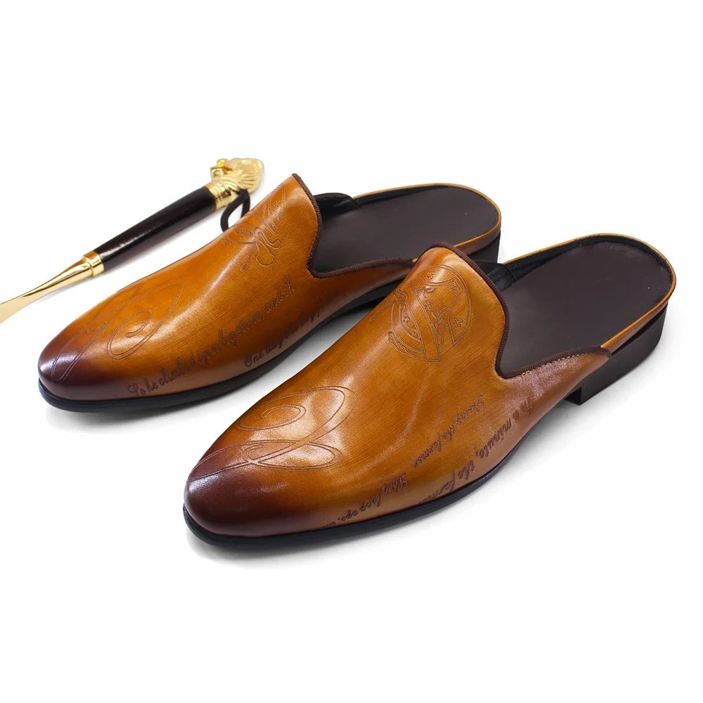 Letter Engraving Leather Mules Shoes