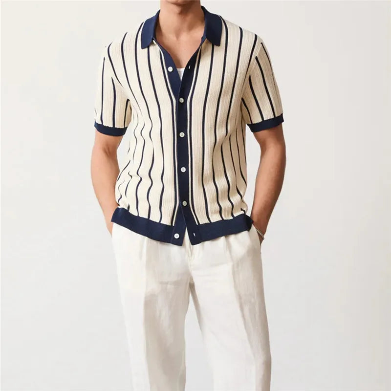 Striped Knit Short Sleeve Button Shirt