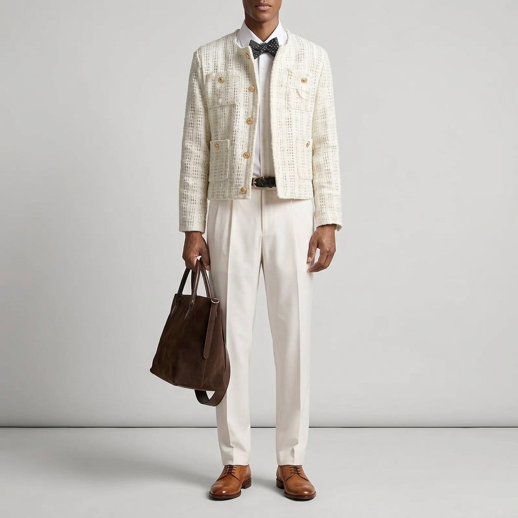 Casual Pockets White Tweed Blazer