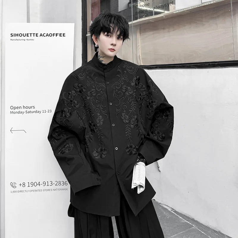 Solid Flower Embroidery Loose Shirt