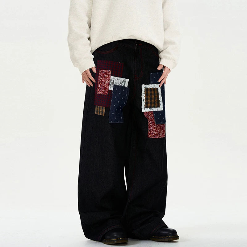 Black Plaid Patchwork Men's Jeans