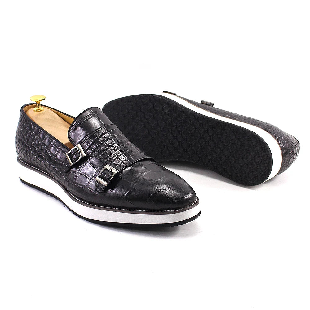 Crocodile Pattern Leather Double Monk Shoes