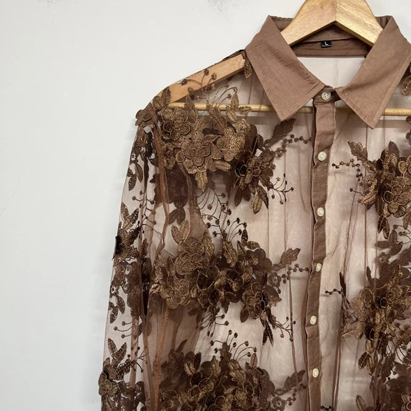 Brown Floral Embroidery Sheer Shirt