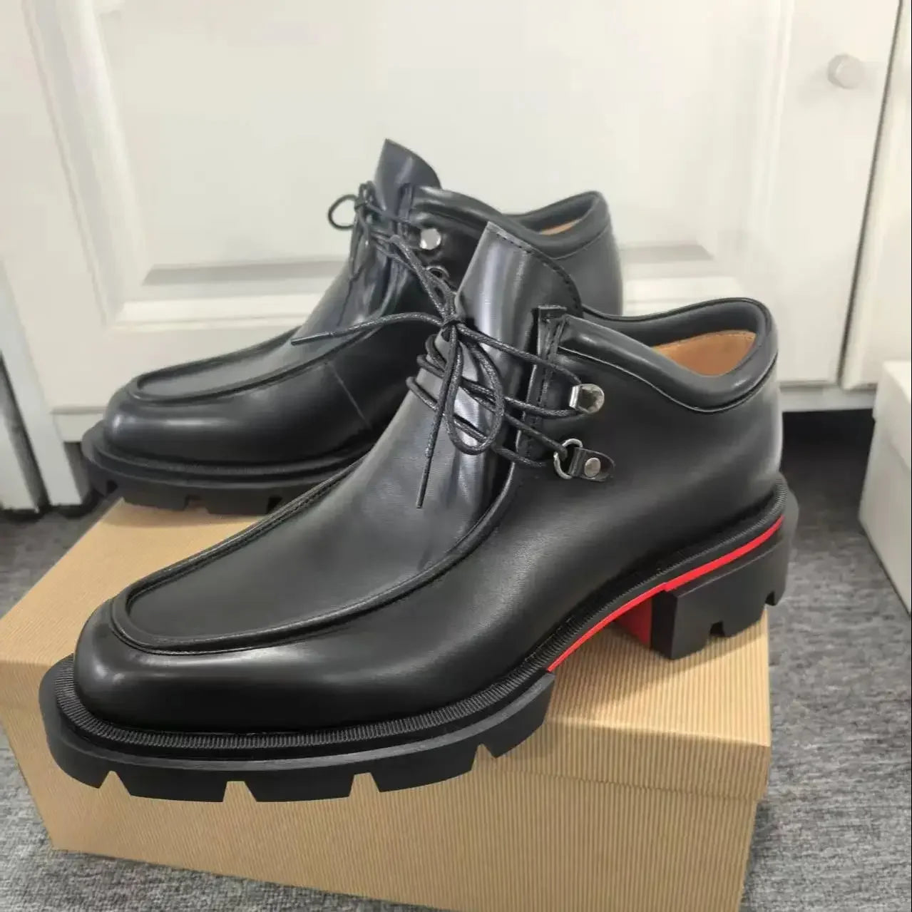 Black Leather Small Square Toe Shoes