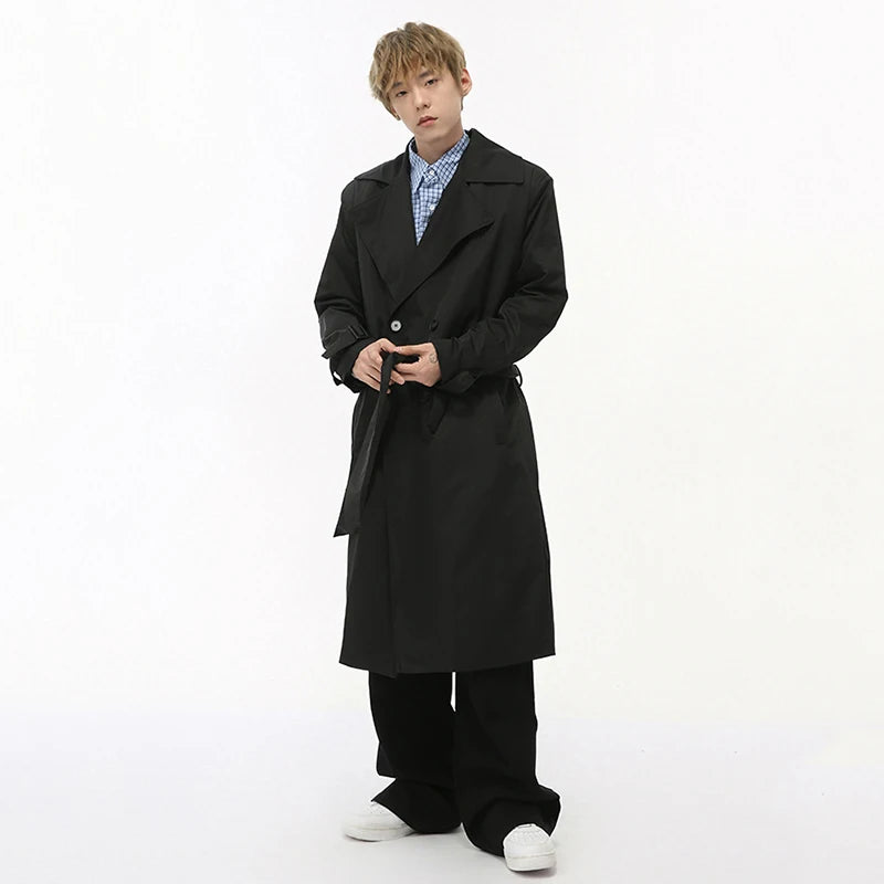Belt Double-Breasted Solid Lapel Coat