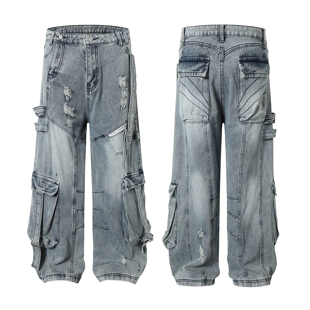 Distressed Hole Washed Blue Baggy Jeans