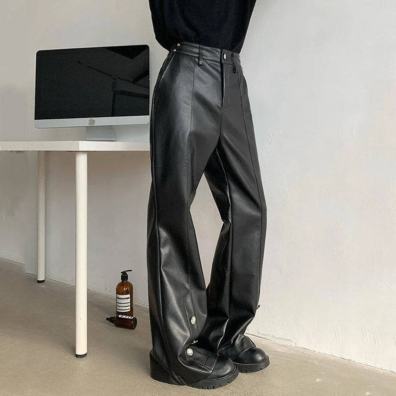PU Leather Metal Rivet Solid Pants