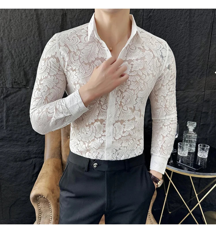 Solid Transparent Lace Slim Fit Shirt