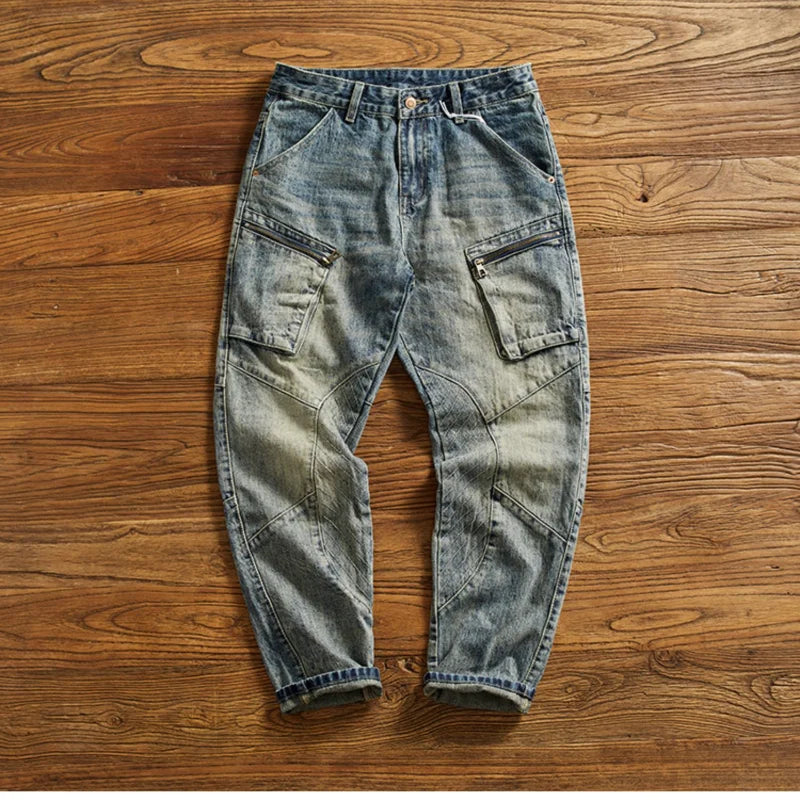 Zip Pockets Panel Stitching Denim Jeans