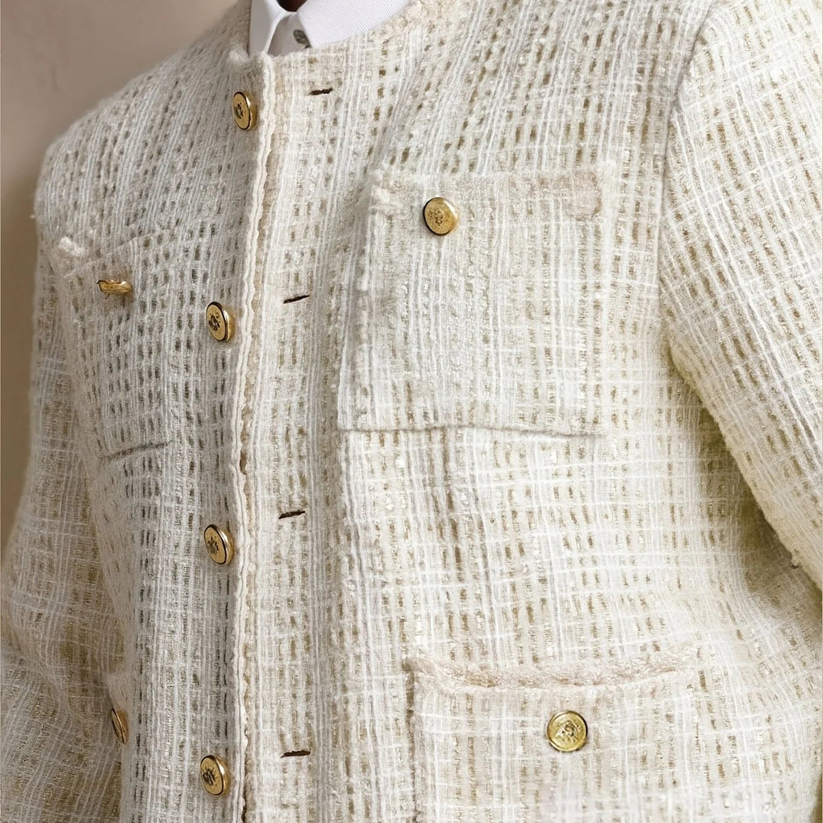 Casual Pockets White Tweed Blazer