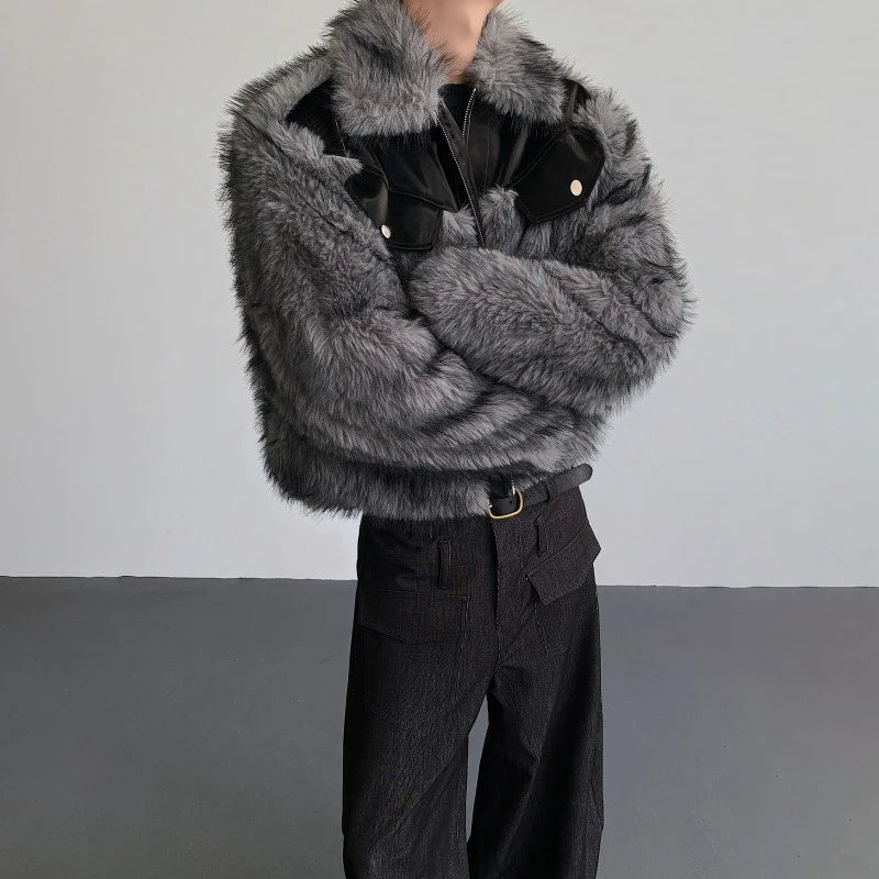 Grey Patchwork Design Faux Fur Jacket
