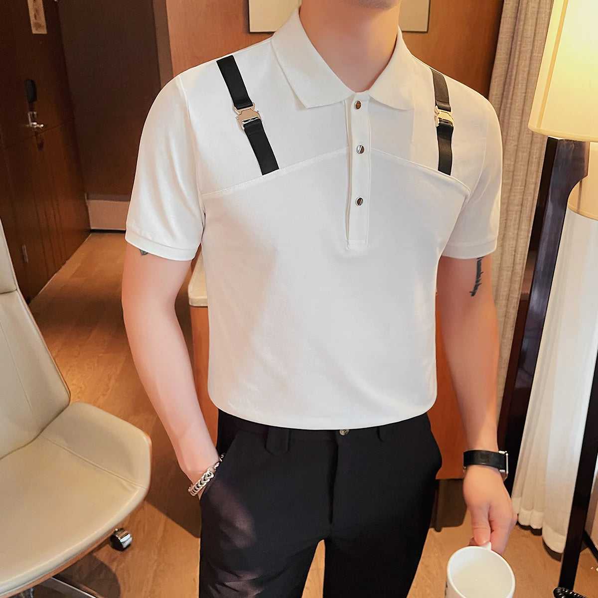 Patchwork Buckle Shoulder Solid Polo Shirt