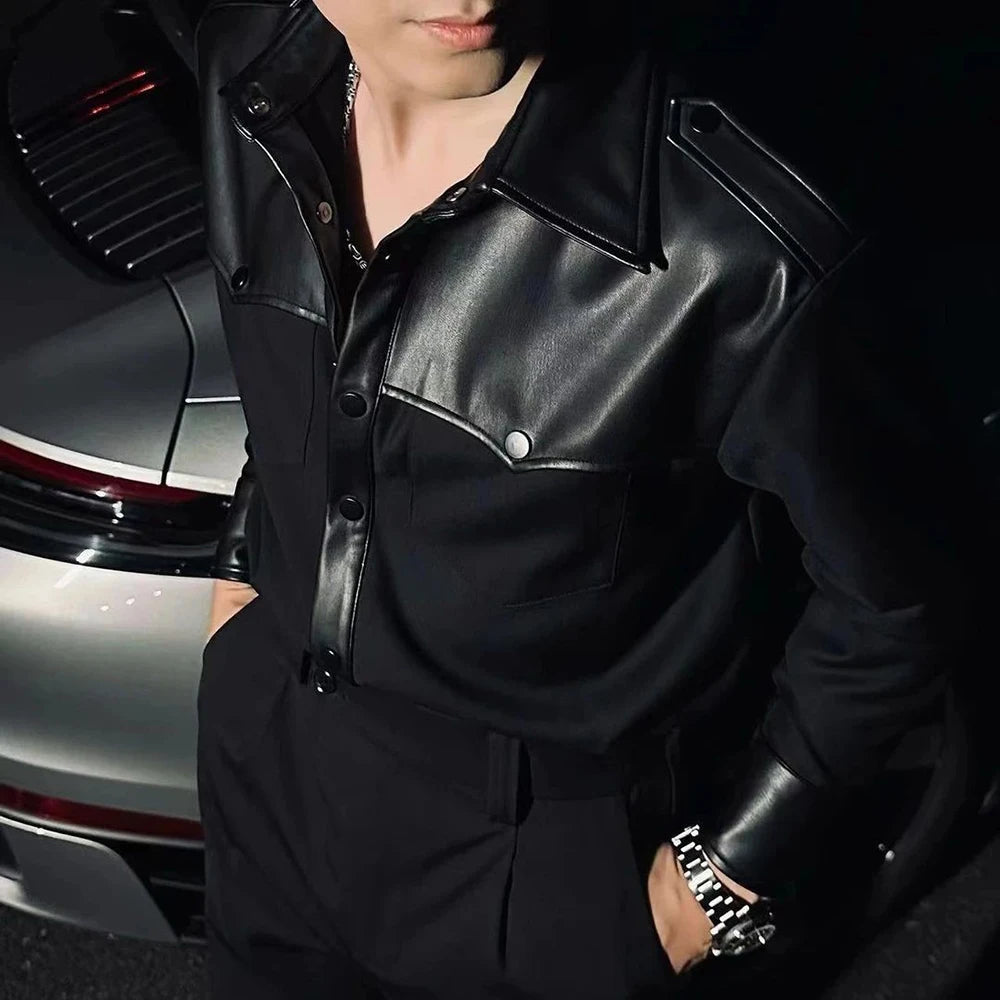 Black PU Leather Solid Patchwork Shirt