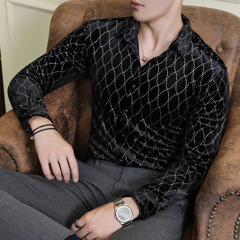 Geometric Velvet Rhinestone-Printed Shirt