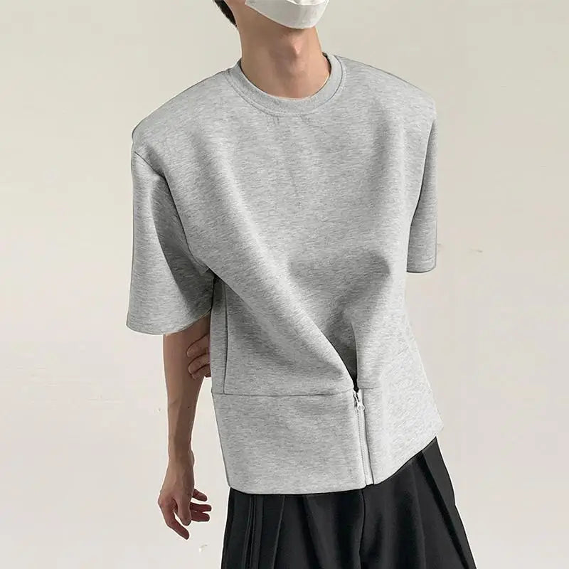 Irregular Solid O-Neck Zipper T-Shirt
