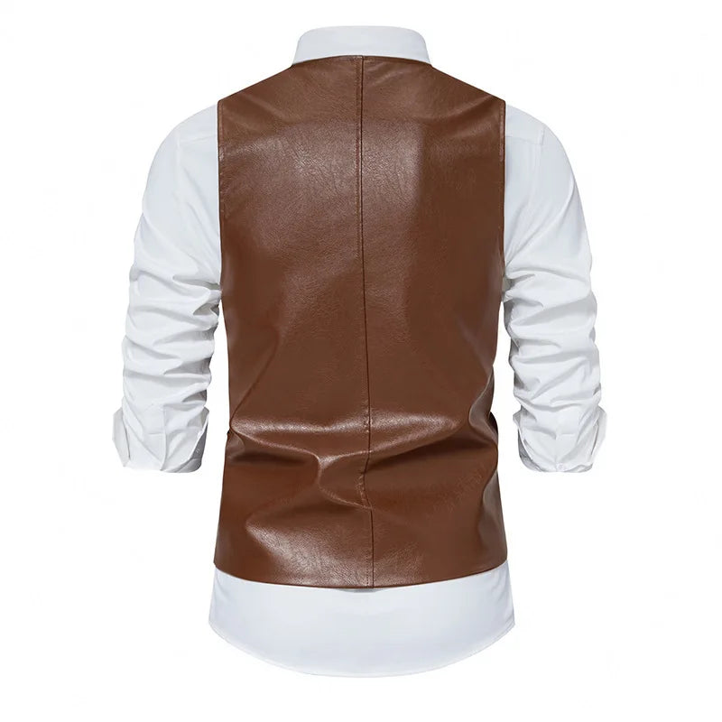 Single-Breasted Solid Faux Leather Vest