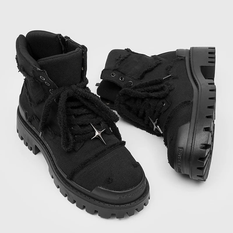 Four Cornered Star Pin Black Thick Soled Boots
