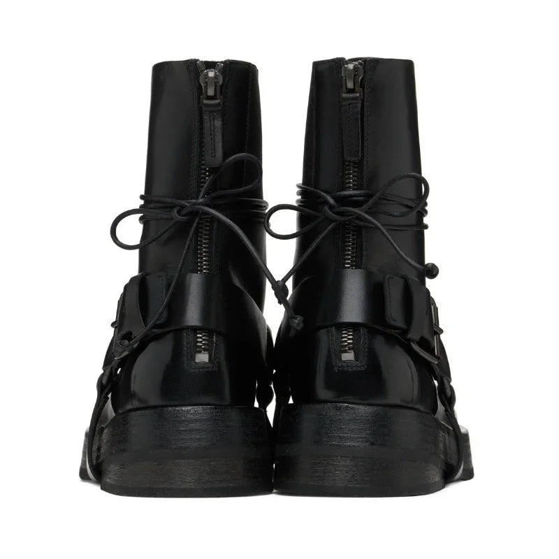 Black Leather Strap Buckle Lace-Up Boots