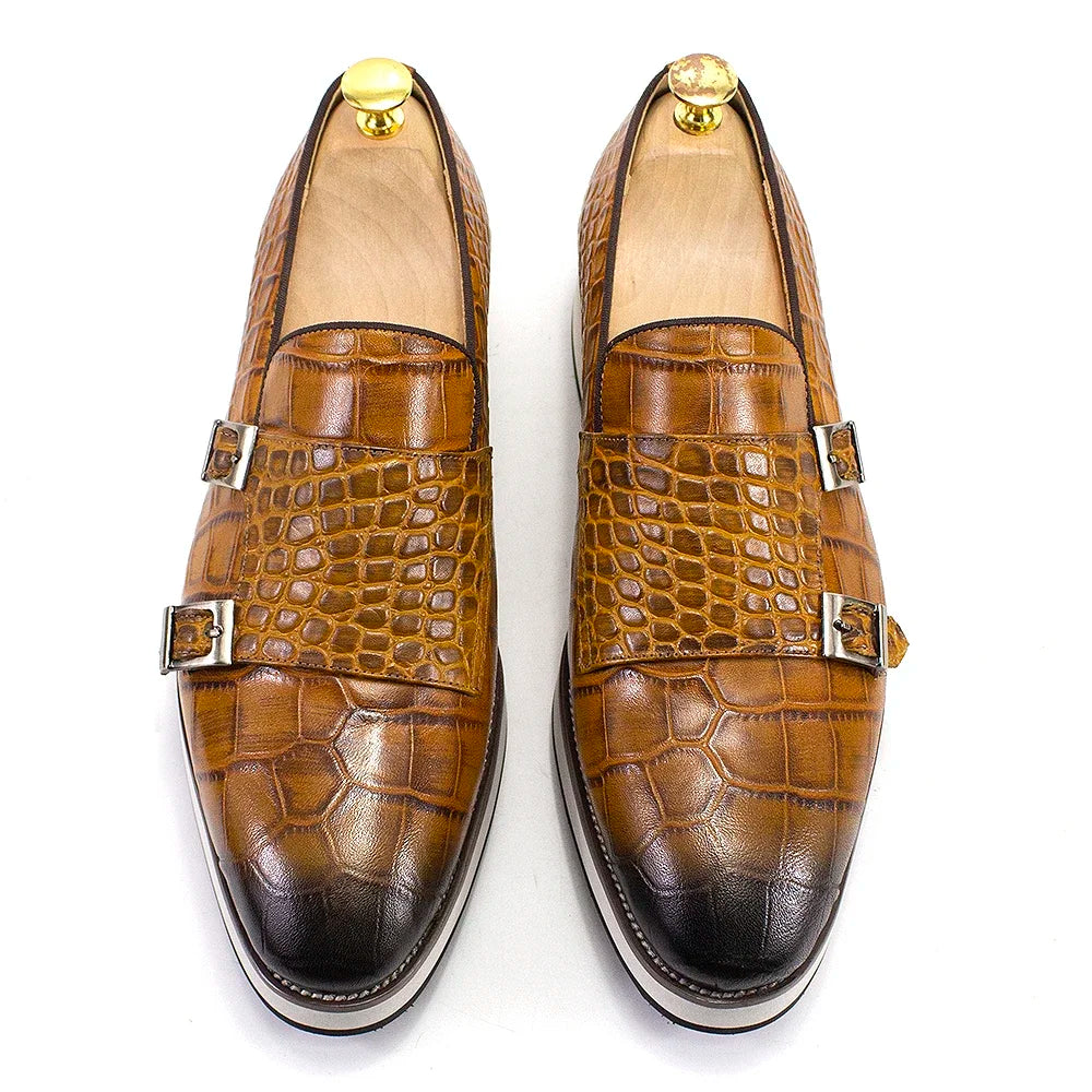Crocodile Pattern Leather Double Monk Shoes