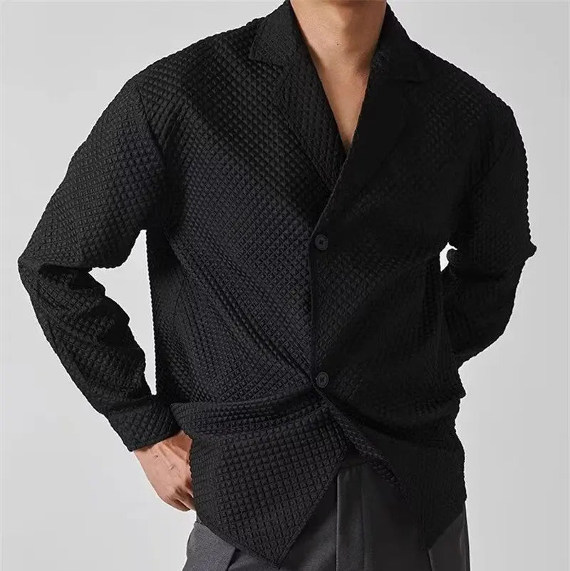 Waffle Suit Collar Long Sleeved Shirt