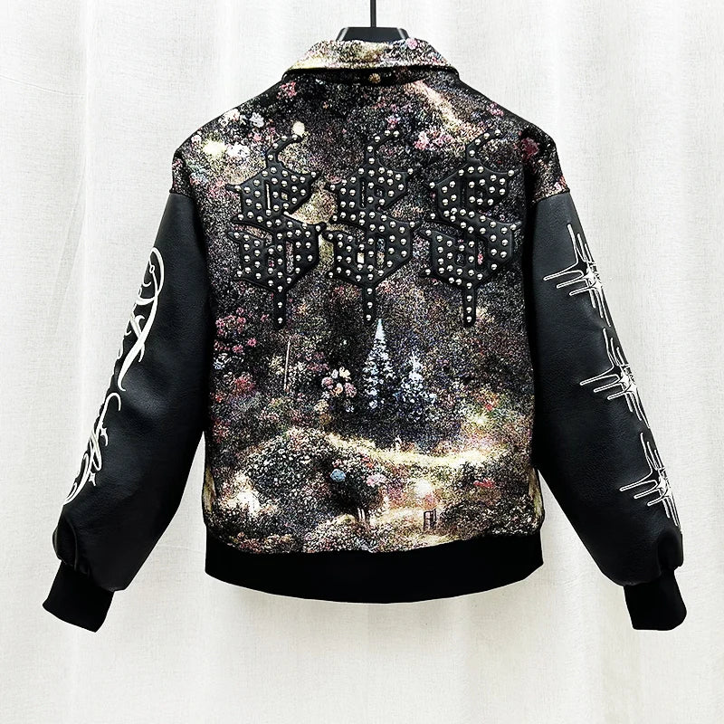 Abstract Embroidery Letter Spliced Jacket