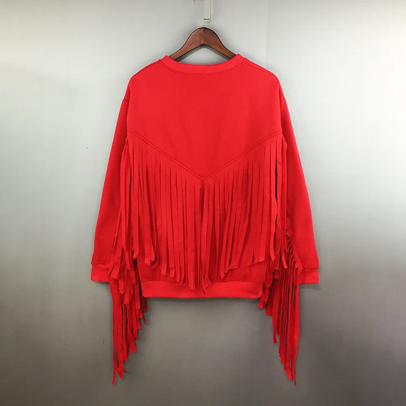 Solid Tassel Round Neck Loose Sweater
