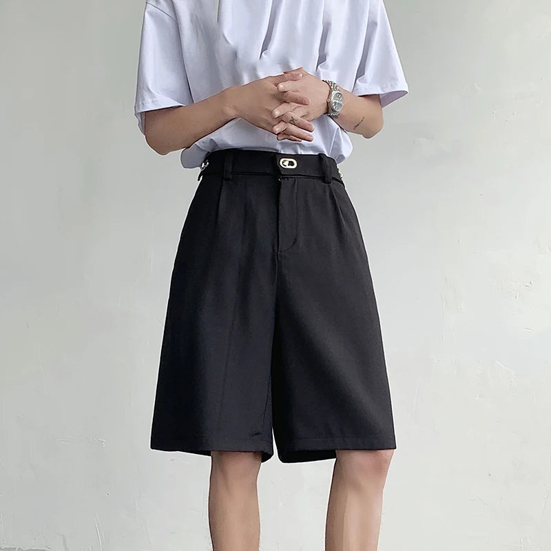 Metal Buckle Loose Solid Shorts