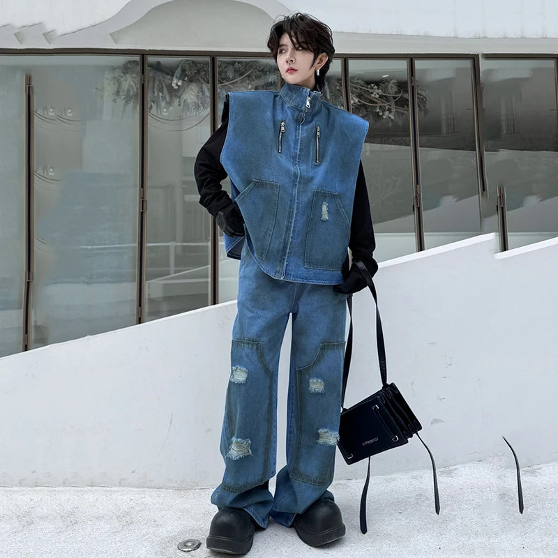 Stand Collar Zipper Vest Denim Pants Set