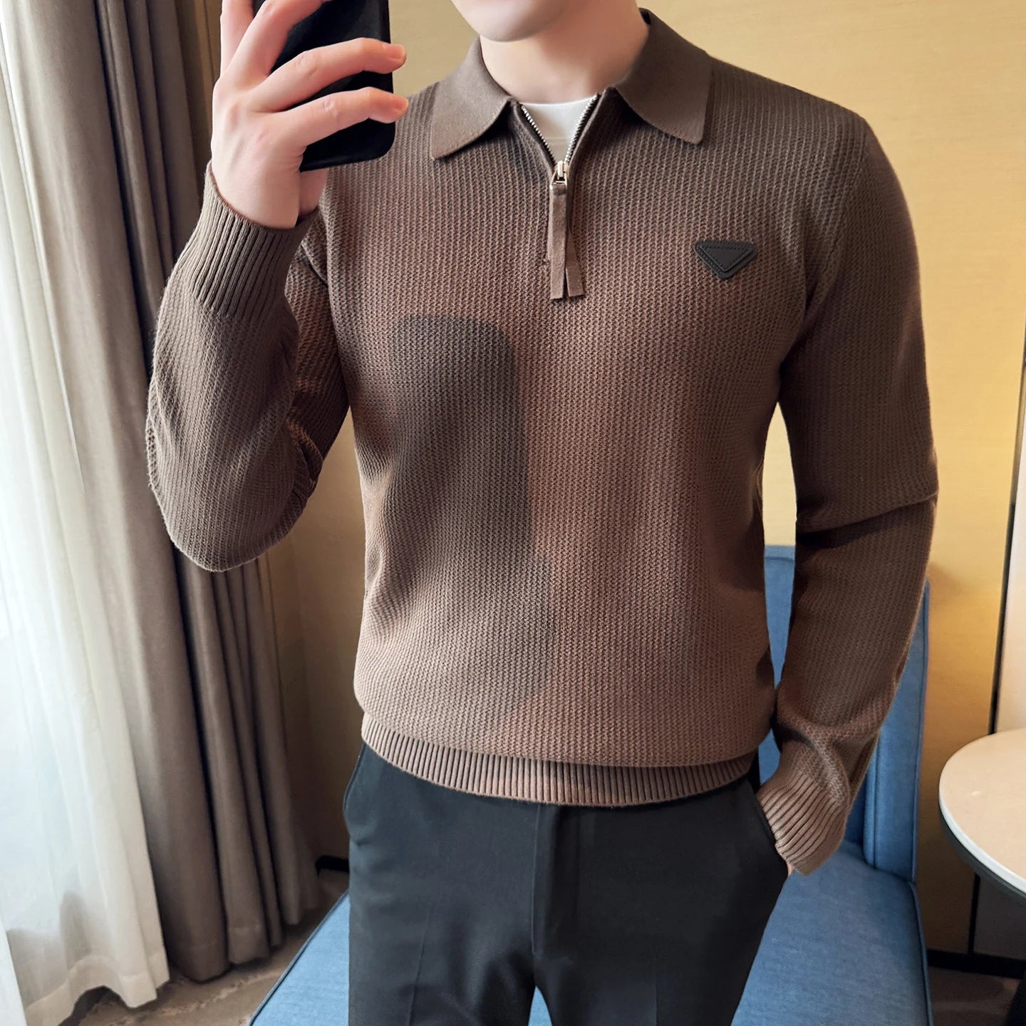 Half Zip Design Mock Neck Polo Shirt