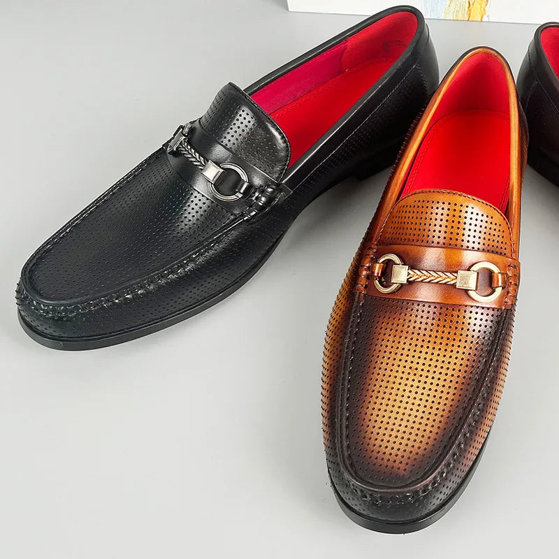 Perforated Leather with Metal Accent Loafers