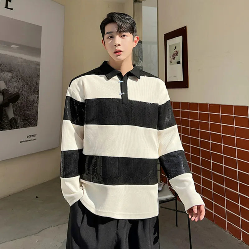 B&W Stripes Long Sleeve Polo Shirt