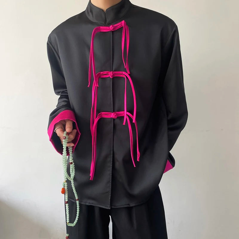 Chinese Style Buckle Stand Collar Shirt