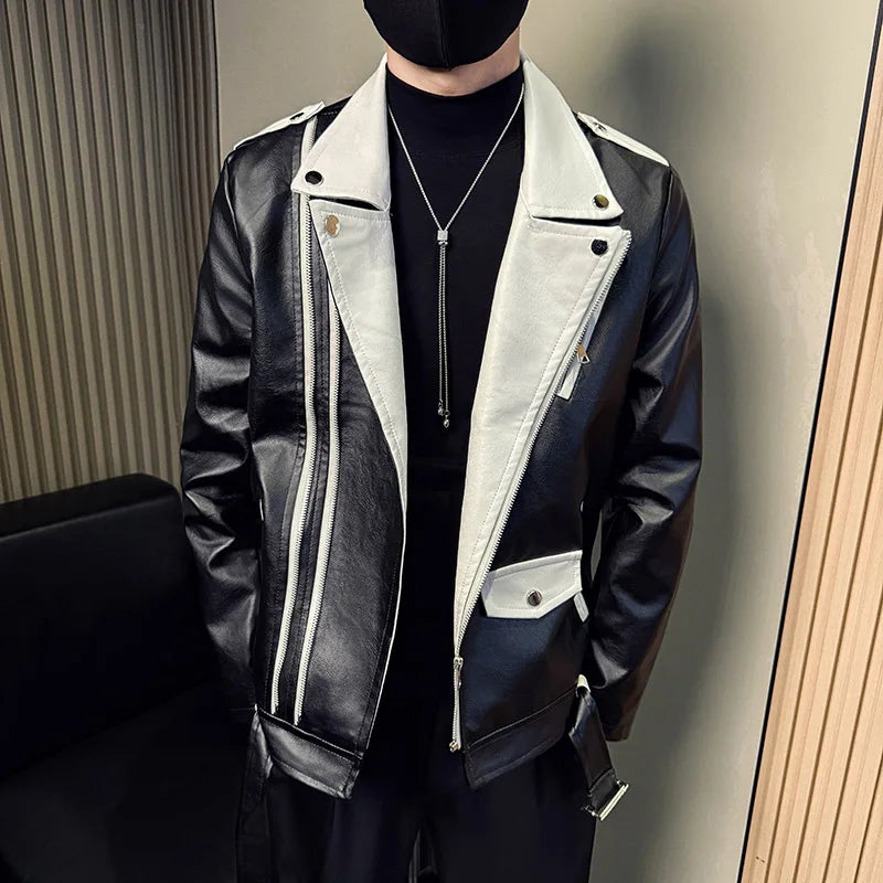 Zipper V-Neck Motorcycle Leather Jacket