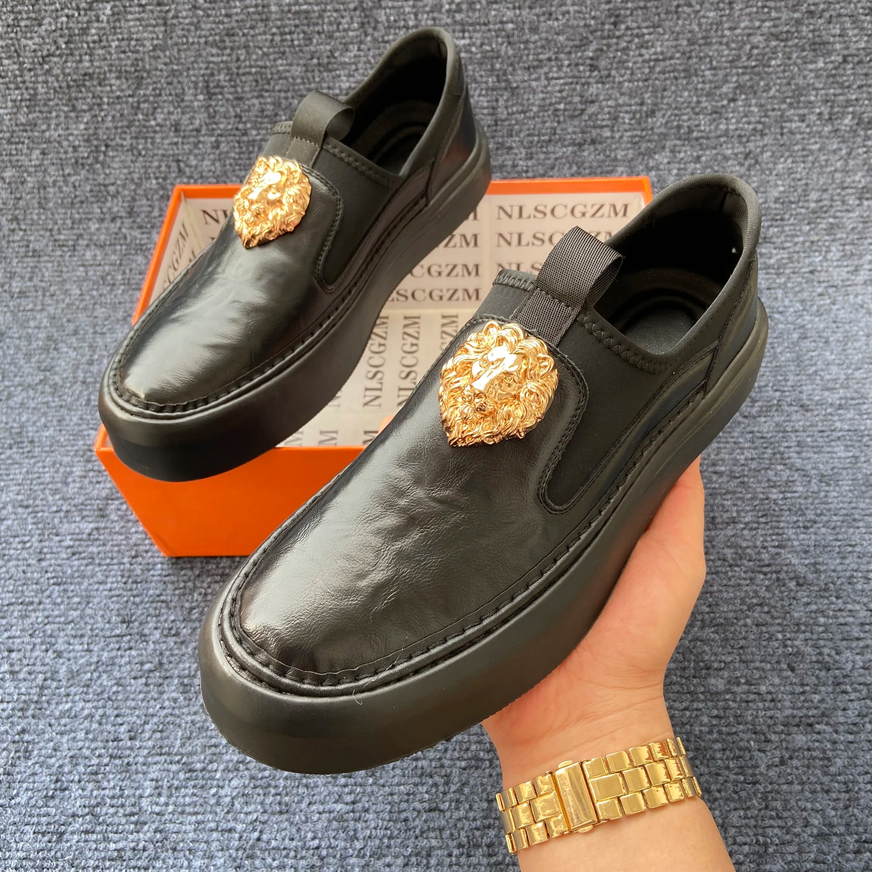 Lion Head Appliques Leather Slip-On Sneakers