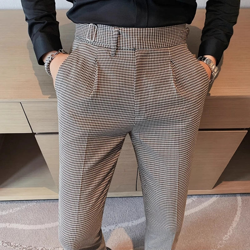 Houndstooth Flat-Front Casual Trousers