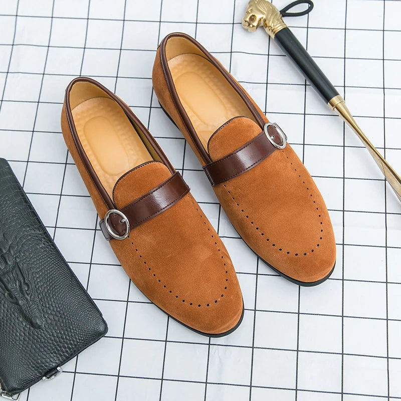 Soft Soled Buckle Frosted Leather Loafers